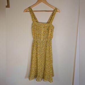 Ark Reworked Yellow Ditsy Floral Pleated Mini Dress Smocked Waist Sundress Boho